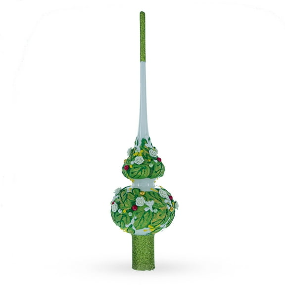 Dimensional White Roses on Green Leaves Glass Christmas Tree Topper 11 Inches