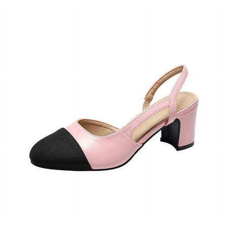 

Slingback Heels for Women，Round Toe Chunky Heeled Ankle Strap Splicing Dress Shoes