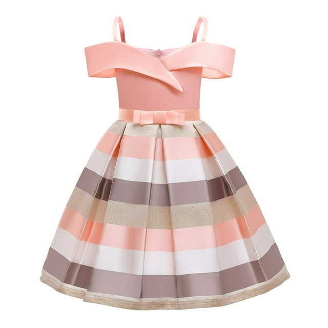 Off the Shoulder Dress,Off Shoulder Dress,Girls Striped Off Shoulder Princess Dress Children Sleeveless Dress Spliced Color Formal Dress,Baby Girl Dress,Dress for Girls