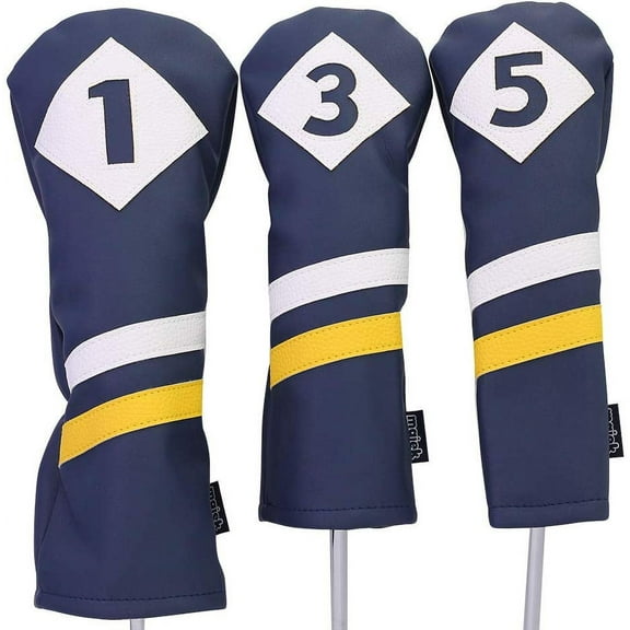 Majek Retro Golf Headcovers Blue White and Yellow Vintage Leather Style 1 3 5 Driver and Fairway Head Covers Fits 460cc Drivers Classic Look