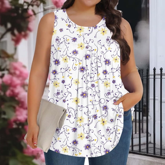 Avrnliq Womens Plus Size Purple Floral Print Sleeveless Tank Top Empire Waist Flowy A Line Tunic Casual Soft Stretch Summer Top,Size 4XL