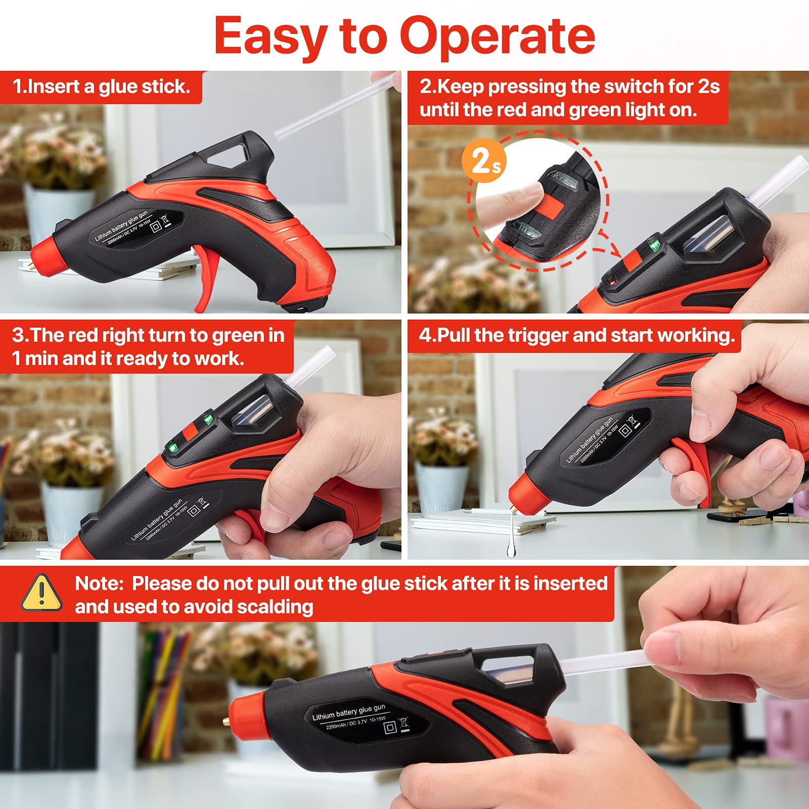 Hot Melt Cordless Glue Gun with 30 Glue Sticks & 6 Finger