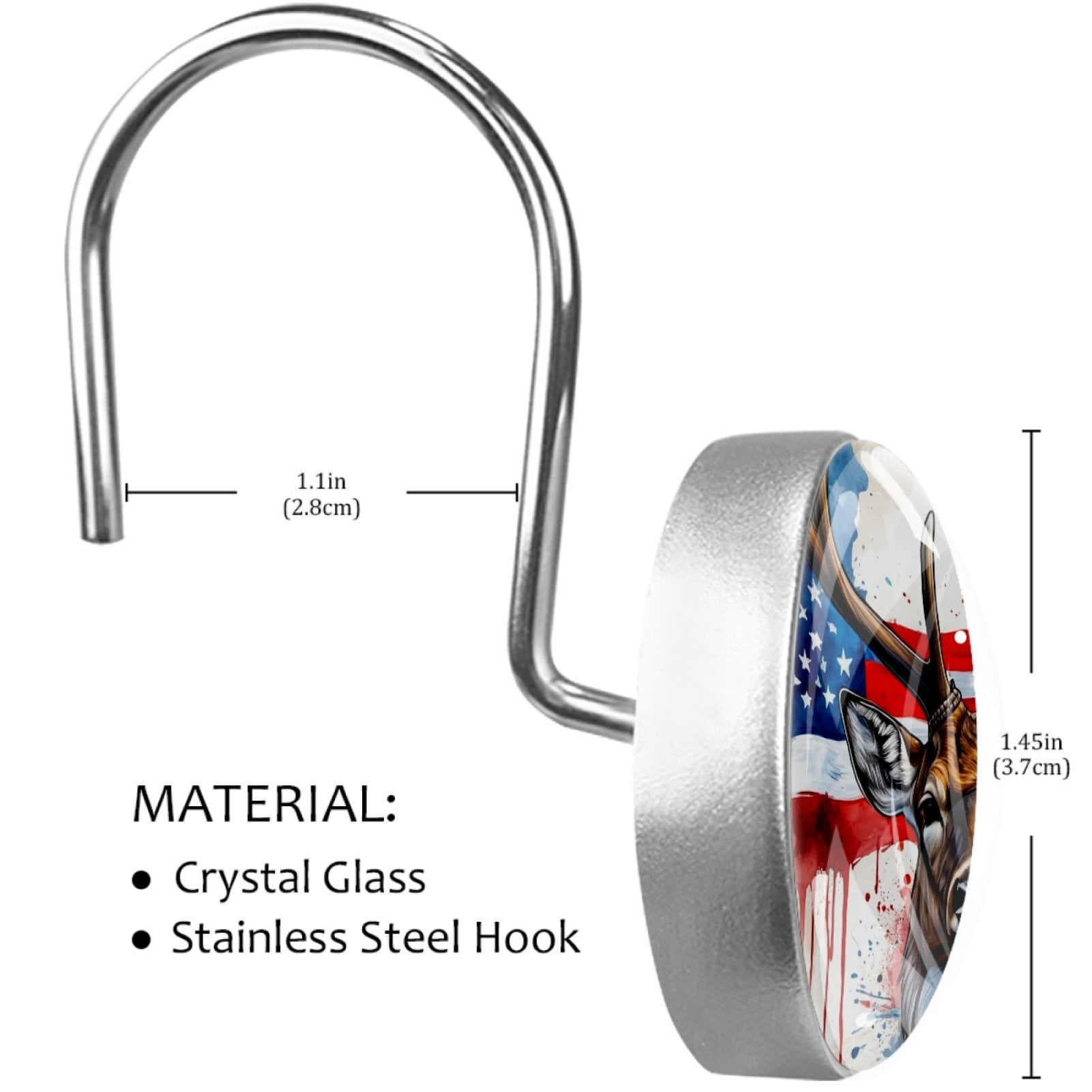 Deer and American Flag Shower Curtain Hooks （Set of 12） for Home Hotel Shower Rods Bathroom Crystal Glass Print Stainless Steel Round Curtain Hooks