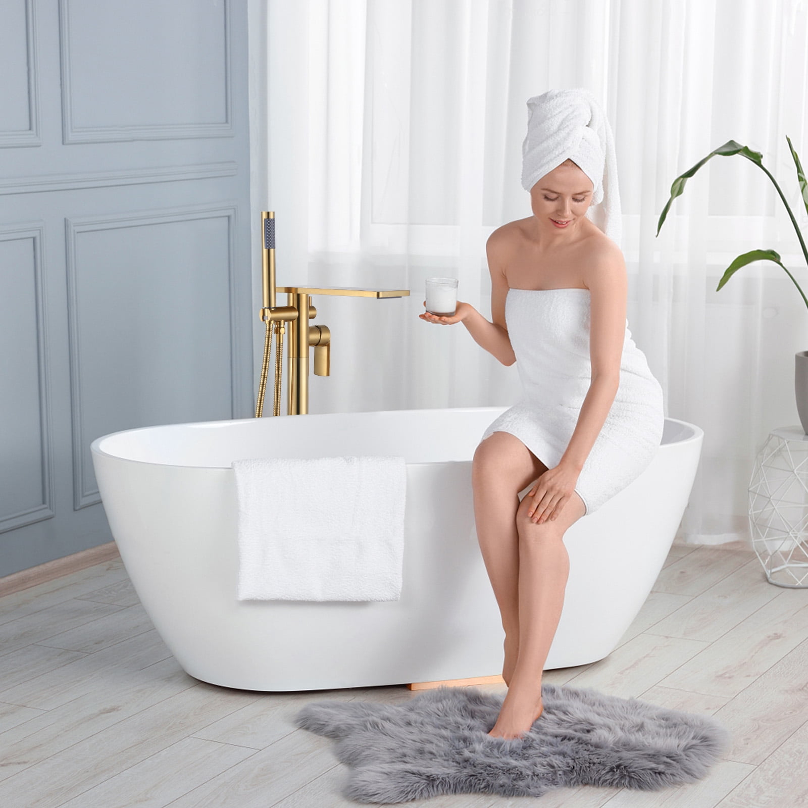 Wowow Brass Freestanding Bathtub Faucet Single-Handle Floor Mount Claw Foot Tub Faucet with Hand Shower in Gold