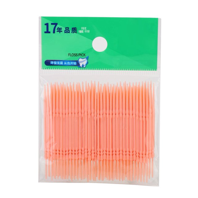 Palillo de dientes para limpieza de dientes, bolsa de 100 Uds., doble cabezal, cuidado bucal, palillo de dientes (naranja)