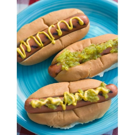 Hot Dogs with a Variety of Condiments on Plate Outdoors Print Wall (Best Hot Dog Condiments)