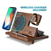 Wood Phone Docking Station Ash Key Holder Wallet Stand Watch Organizer Men Gift Husband Wireless Charging Pad Slim Birthday Nightstand Purse Tablet Compatible with All Qi Devices