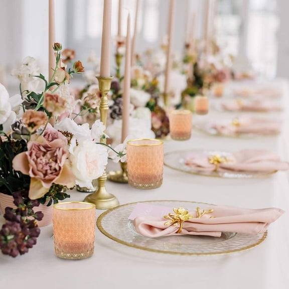 JUNXIAO-Pink Votive Candle Holders Set of 12, Vintage Glass Tealight Candle Holder with Gold Rim, Votives for Valentines Table Centerpiece, Wedding Decoration