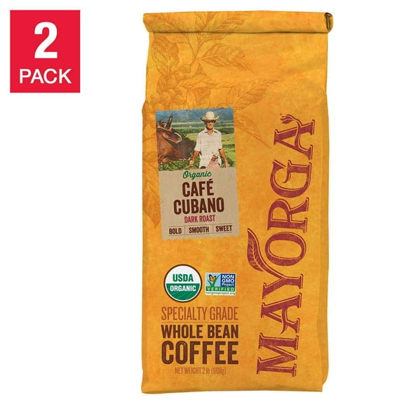 Mayorga Organic Caf Cubano, USDA Organic, Dark Roast, Whole Bean Coffee, 2lbs, 2-pack