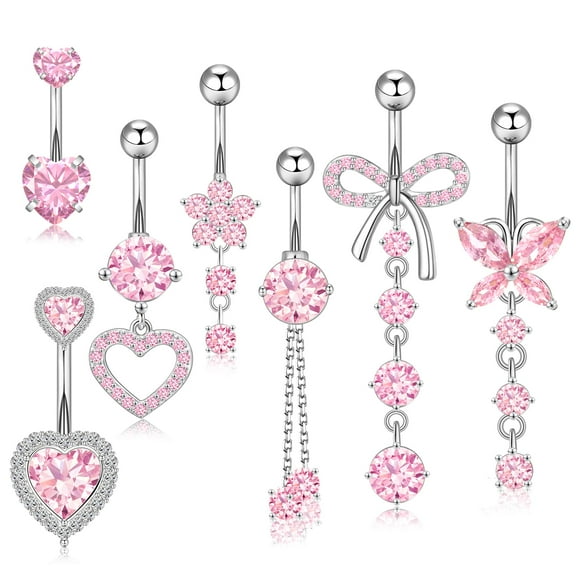 14G Belly Button Ring Dangle Belly Button Piercing Surgical Stainless Steel Belly Rings Cute CZ Heart Butterfly Flower Dangling Belly Piercing Jewelry for Women 7Pcs