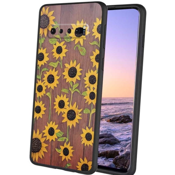 Compatible with Samsung Galaxy S10+ Plus Phone Case, Wood-Sunflowers-7-3 Case Men Women, Flexible Silicone Shockproof Case for Samsung Galaxy S10+ Plus