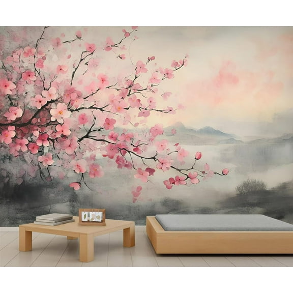 Cherry Blossom Wall Murals - Japanese Murals, Ink Painting Wall Mural For TV Background, Pink Floral Large Mural Wallpaper 118"W x 83"H (Not Peel and Stick)