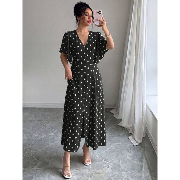 Womens Black Polka Dot A-Line Maxi Dress V-Neck Button Front Flutter Sleeve