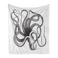 thumbnail image 1 of Octopus Soft Flannel Fleece Blanket, Vintage Style Old Engraved Illustration of a Sea Animal on Plain Backdrop, Cozy Plush for Indoor and Outdoor Use, 50" x 60", White Charcoal Grey, by Ambesonne, 1 of 6