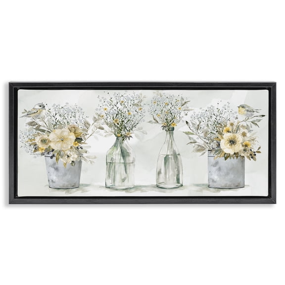 Stupell Industries Shabby Chic Songbirds with Floral Bouquets Black Floating Frame Canvas Art, 25 x 11, by Carol Robinson