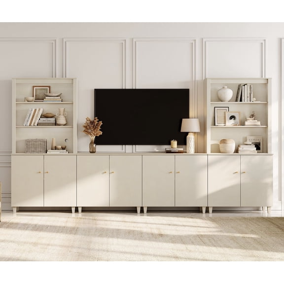 WAMPAT Modern Entertainment Center for 75" TVs, Wood TV Stand with Bookshelves and Cabinets for Living Room, Beige