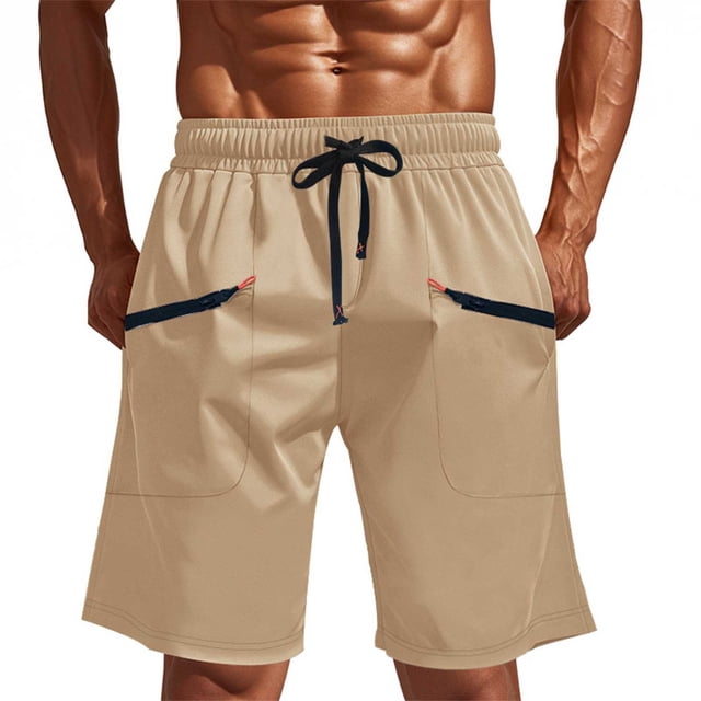 Styesk Mens Shorts Man Solid-Color Casual Multi-Pocket Zipper Drawstring Elastic-Waist Shorts Cargo Pants Half Shorts Pants
