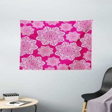 Hot Pink Tapestry, White Floral Design Ornate Mandala Inspired Round Motifs Traditional Pattern, Wall Hanging for Bedroom Living Room Dorm Decor, 60W X 40L Inches, Hot Pink White, by Ambesonne