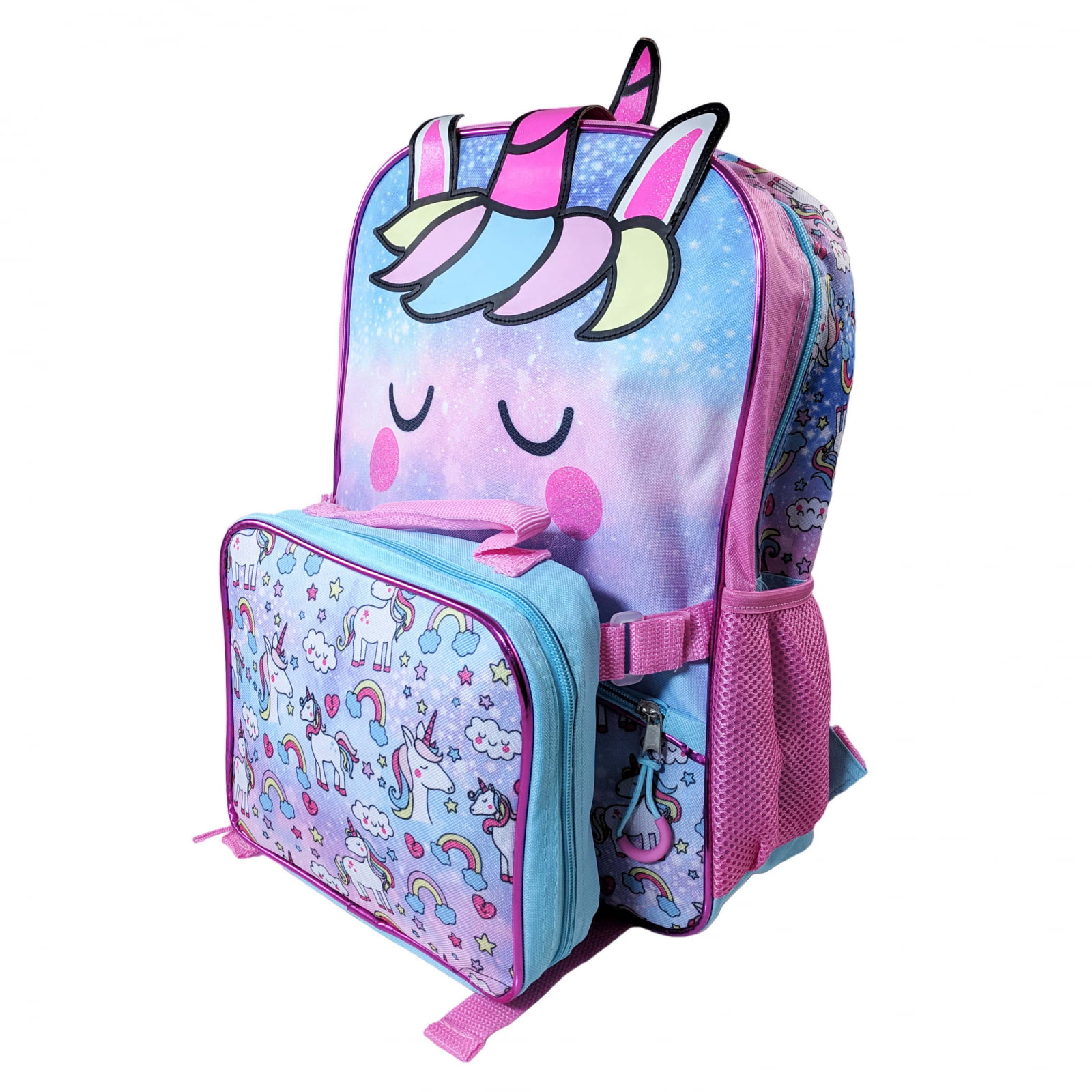Keeli Kids Girls Lunch Box Backpack School Book Bag Set in Unicorn Pink 