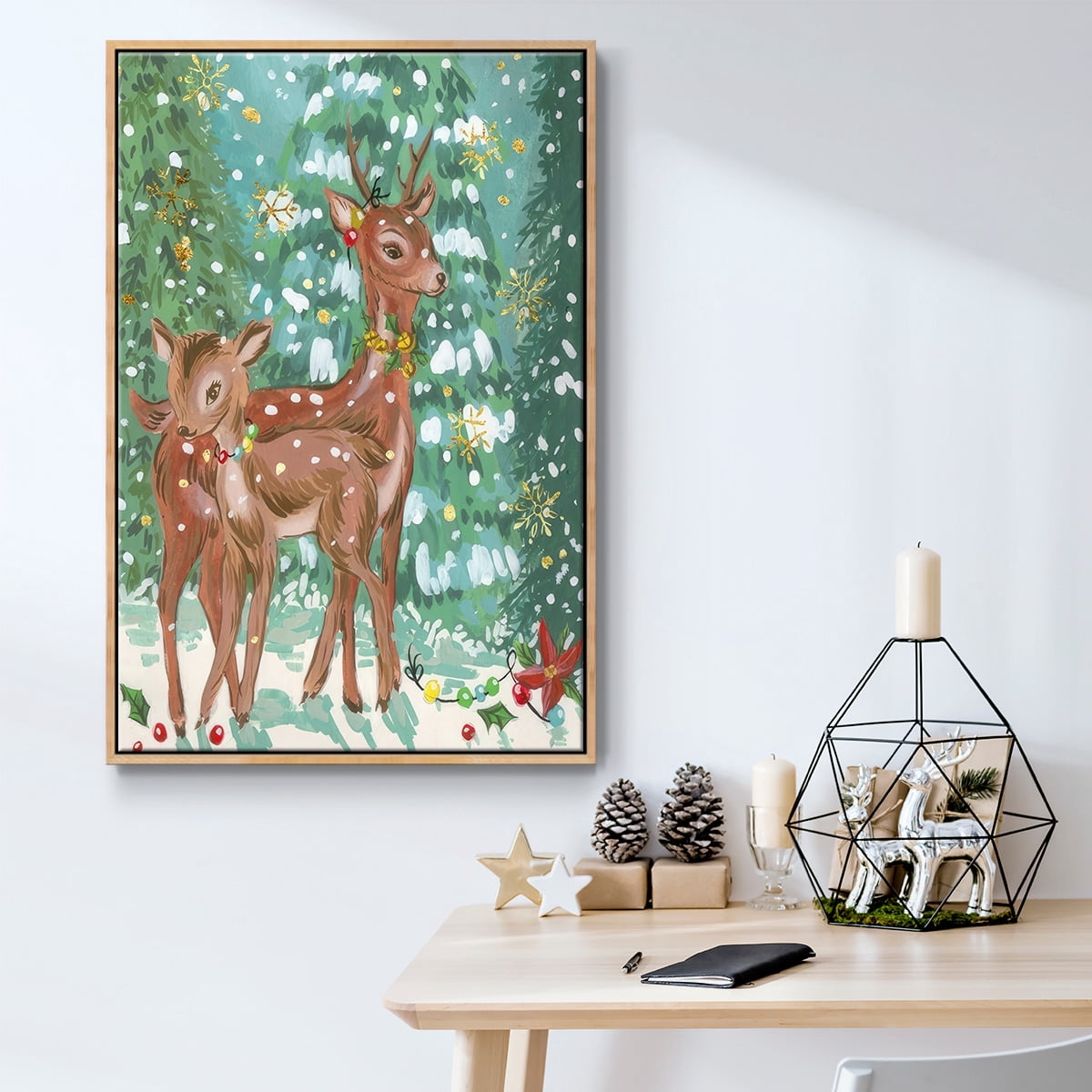 Doe and Fawn II - Framed Gallery Wrapped Holiday Canvas - 17 x 25 - Natural Wood Frame