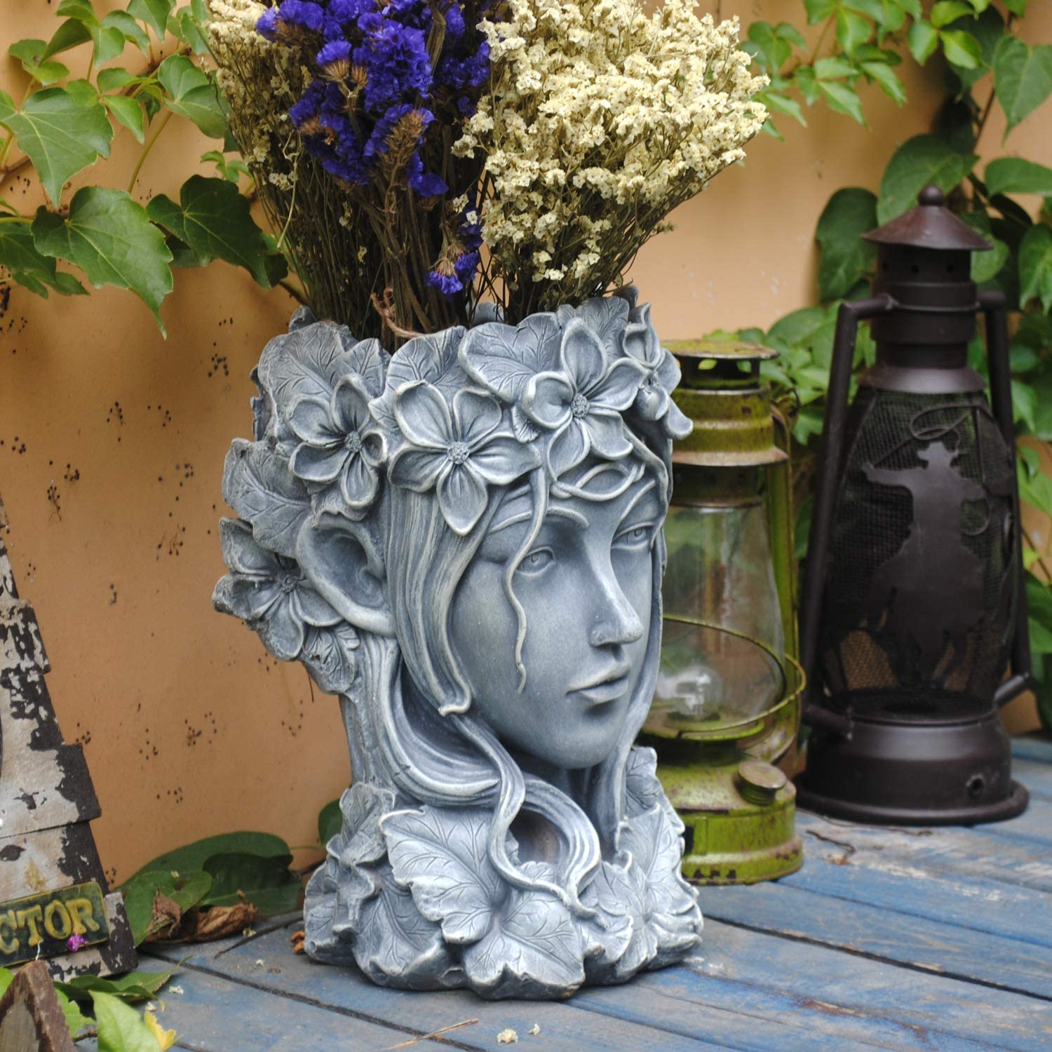 Sungmor Goddess Head Resin Planter for Garden Gray 9×9×14 In Ornaments
