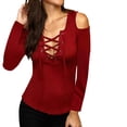 thumbnail image 2 of Camiseta de mujer Sexy con hombros descubiertos, cuello en V, vendaje, manga larga, rojo vino, XL Vogacara  AP001287-11, 2 of 7