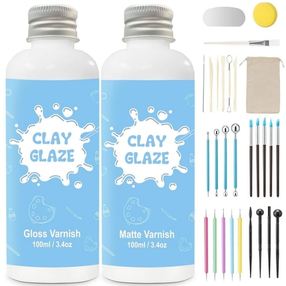 Air Dry Clay Glaze, 2 x 3.4 fl oz, 29 Piece Clay Tools Kit, Gloss & Matte Varnish, Tools for Sculpting, Molding & Carving Crafts