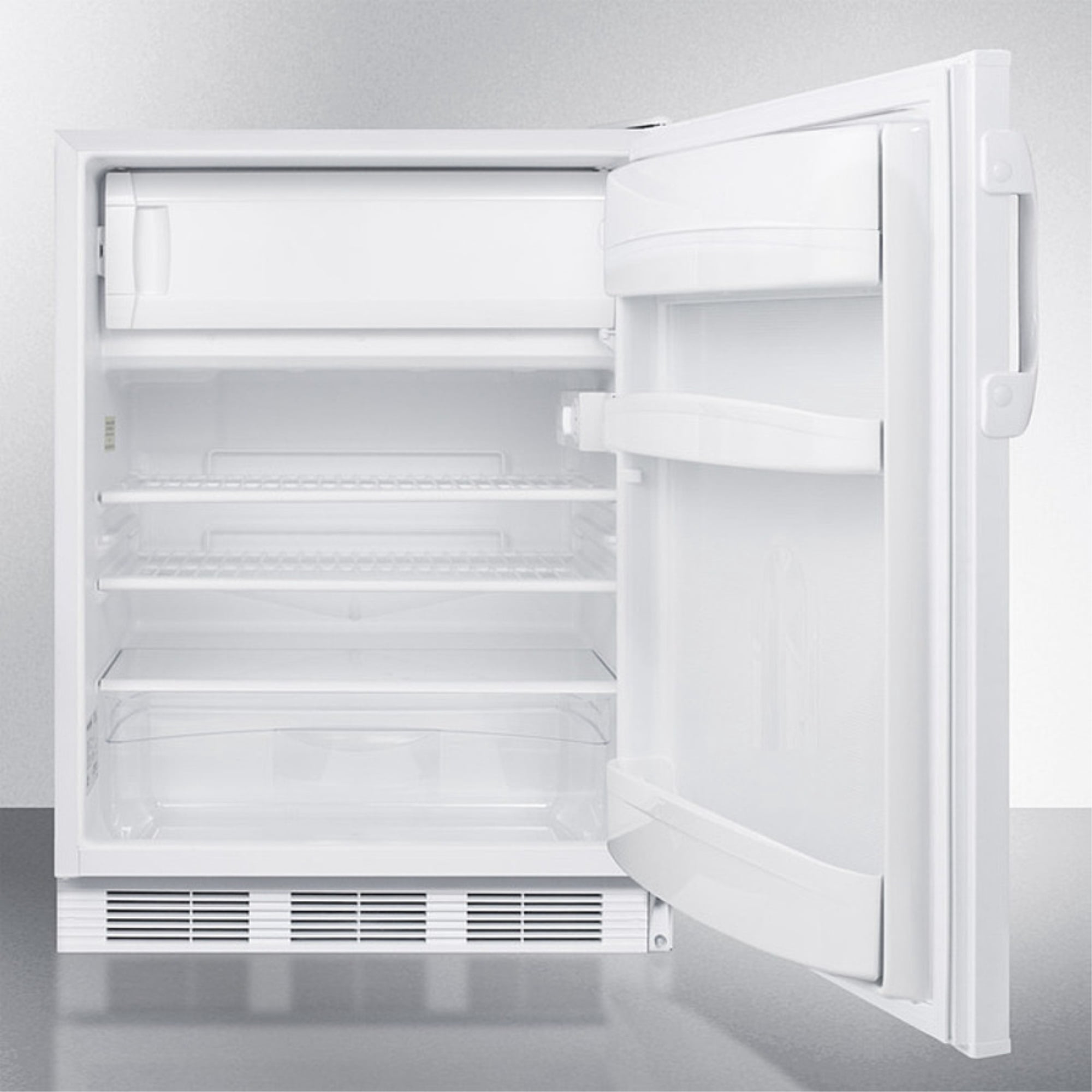 Freestanding ADA compliant refrigerator-freezer for general purpose use, with dual evaporator cooling, cycle defrost, lock, and white exterior