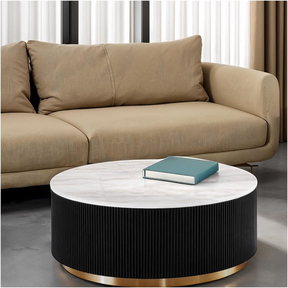 JERFIT Modern Round Cocktail Table with Genuine Marble Top and Gold Accent Plinth Base for Living Room, Black White Gold Finish