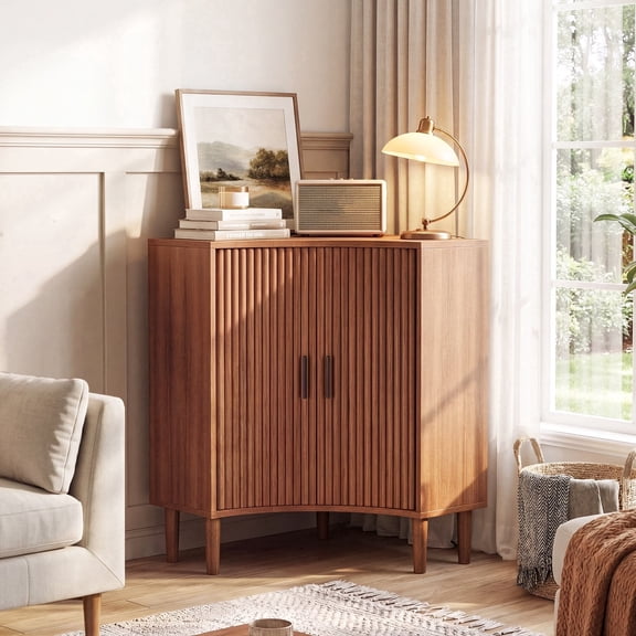 Jableast Fluted Corner Cabinet, Wood Corner Storage Cabinet with 2-Sliding Doors, Wooden Freestanding Narrow Storage Organizer for Small Space, Living Room, Dining Room, Bathroom, Walnut