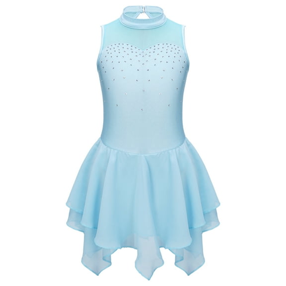 MSemis Kids Girls Sequins Figure Ice Skating Dress Gymnastics Leotard Ballet Dance Dress,Size 6-16 Light Blue 14
