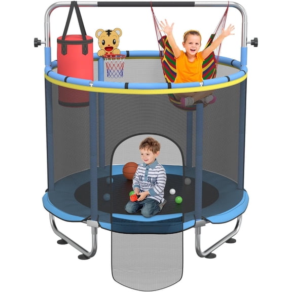 60" Toddler Trampoline for Kids, 330lbs Trampoline Indoor with Basketball Hoop,Safety Net, Birthday Gifts for Boy Girl Age 1-8