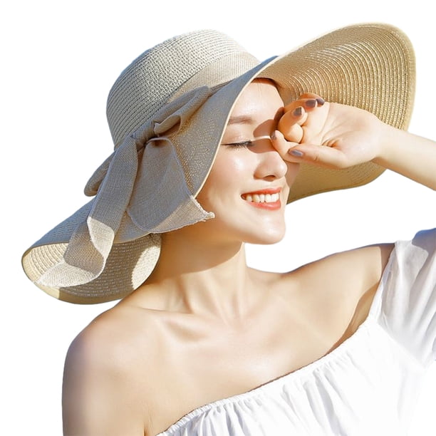 Sombrero para el sol Qarigey para mujer con ala grande de paja y lazo plegable beige
