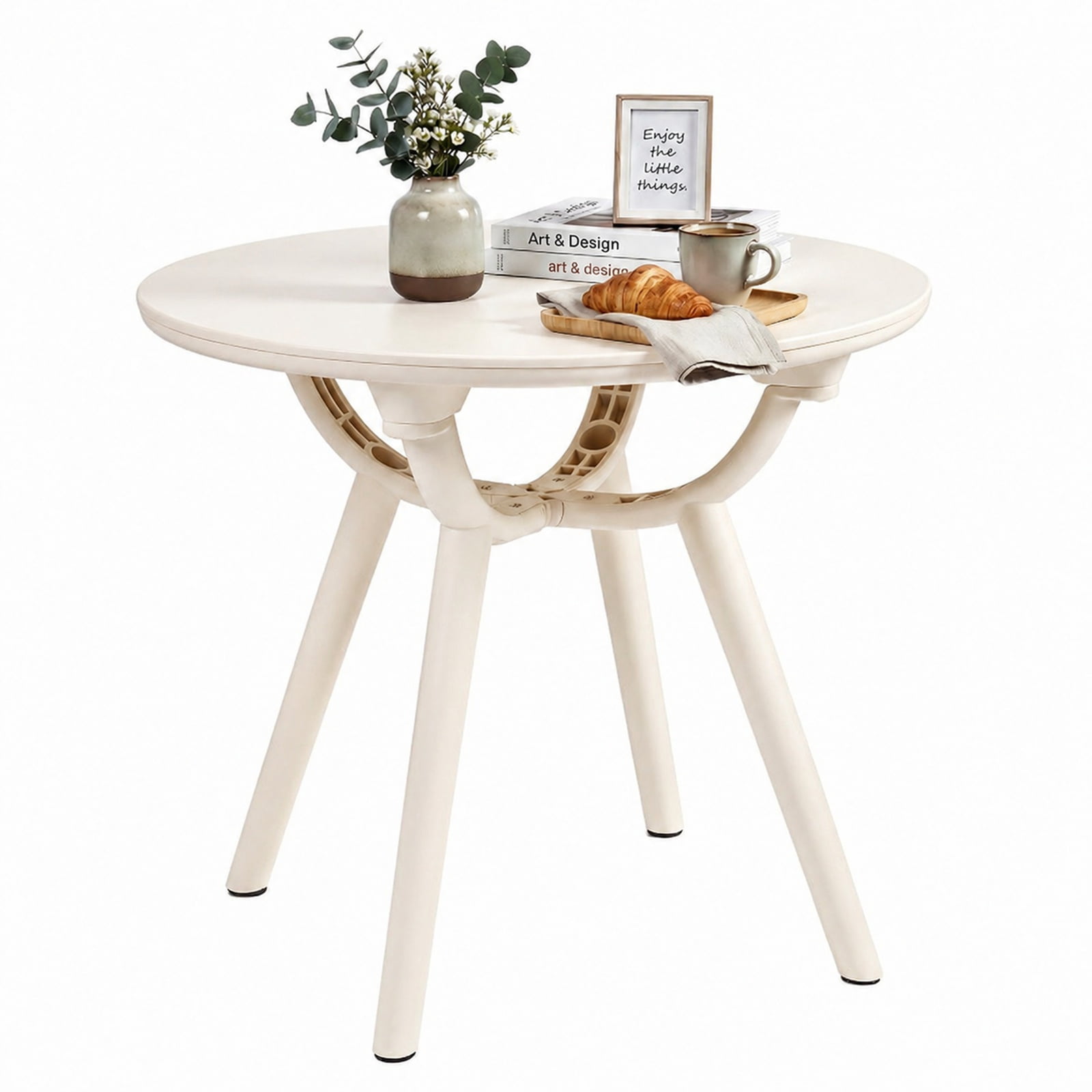 Furnibear Weather Resistant Circular Small End Table with Spacious Round Top and Molded PP ABS Build for Poolside Balcony Deck and Backyard, White