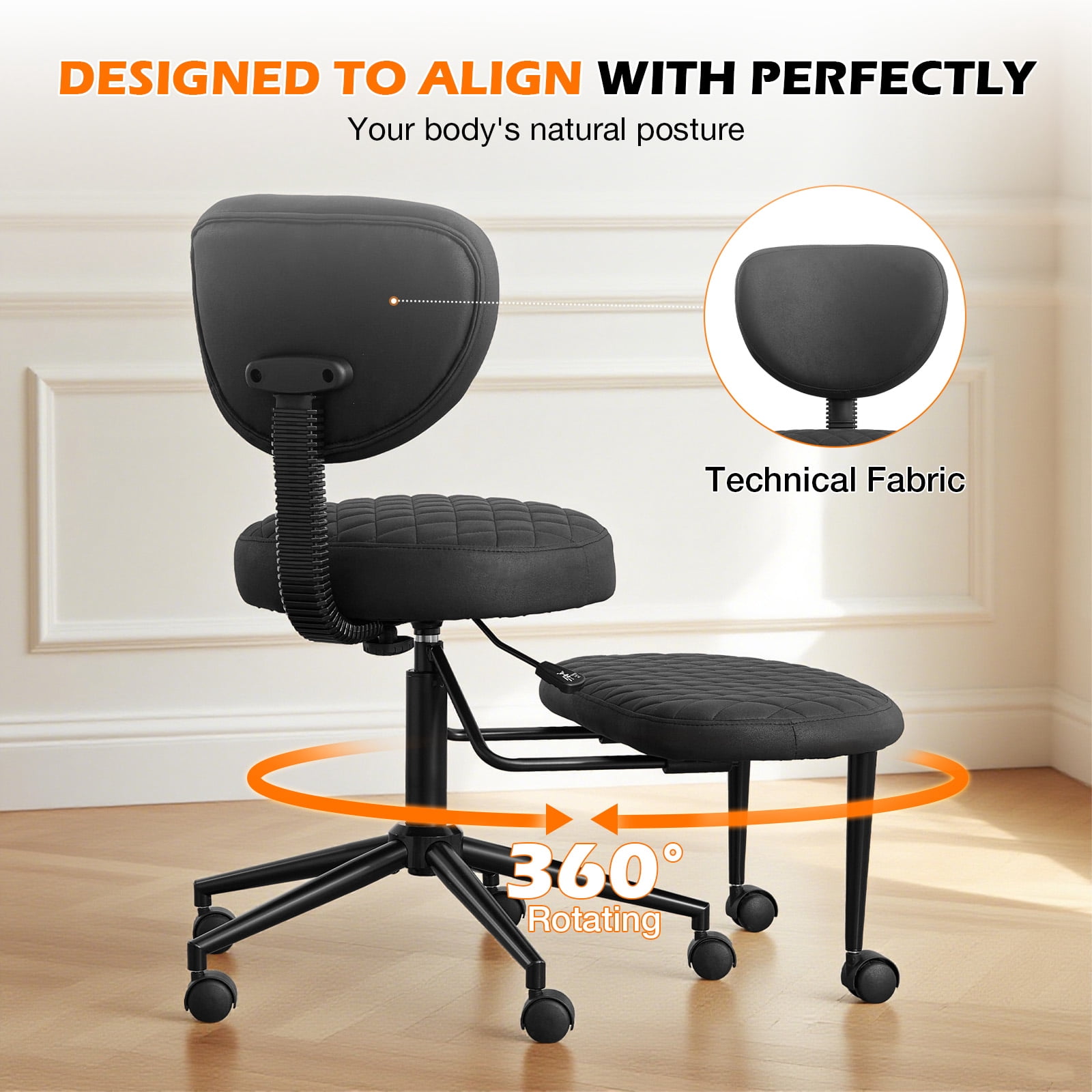 JONPONY Ergonomic Cross Legged Swivel Chair, ADHD Office Chair, Meditation Chair with Lumbar Support, Adjustable Height and Retractable footrest, Home and Office, Black