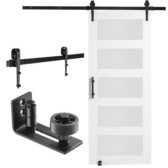 KFFKFF Barn Door Set, 30" x 84" Wooden and Glass Sliding Barn Door, Seamless and Silent, Barn Door Package with 8-in-1 Ground Guide and Door Knob, Spruce Wood Panel and Obscured Glass
