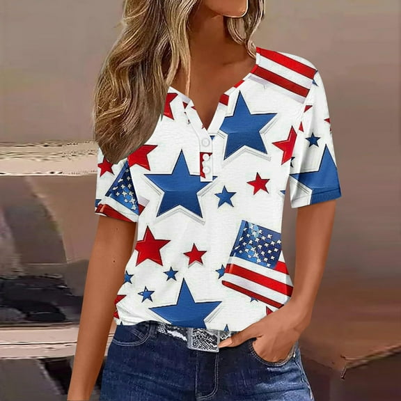 breaise 4th of July Shirts for Women Summer Patriotic USA Flag Graphic Tshirts Elegant Short Sleeve Tees Comfortable V Neck Buttons Blouses Tops Plus Size Blouses for Women