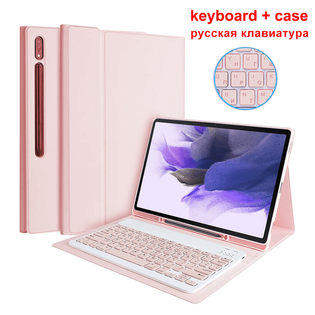 Pour Samsung Galaxy S7 FE Étui Clavier Couverture Complète pour Galaxy Tab S8 S7 Plus Ultra S6 Lite A8 Étui de Protection pour Tablette Clavier Russe Rose P8 11 Pouces