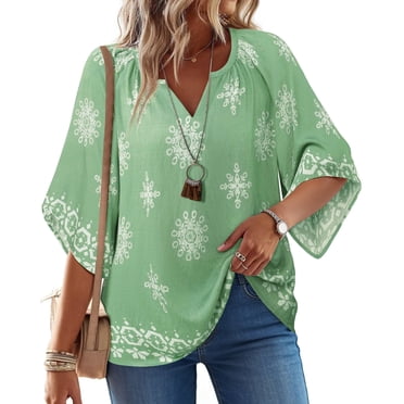 UVN Womens Summer Blouses Bohemian 3/4 Bell Sleeve Shirts for Women V Neck Flowy Casual Pleated Tops