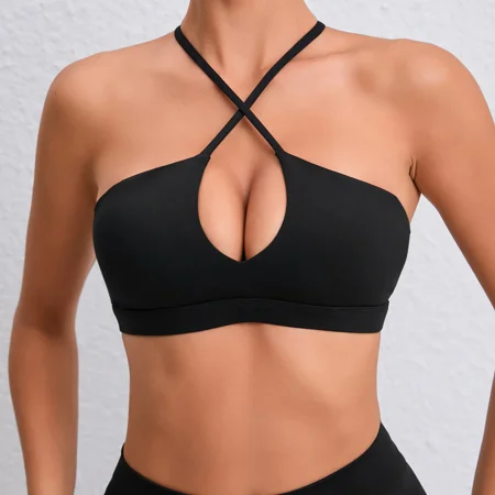 Backless Fitness Tops Yoga Clothing Running Sports Underwear Solid Color Crossover Quick Dry Breathable Comfortable Workout Bra (Black L)