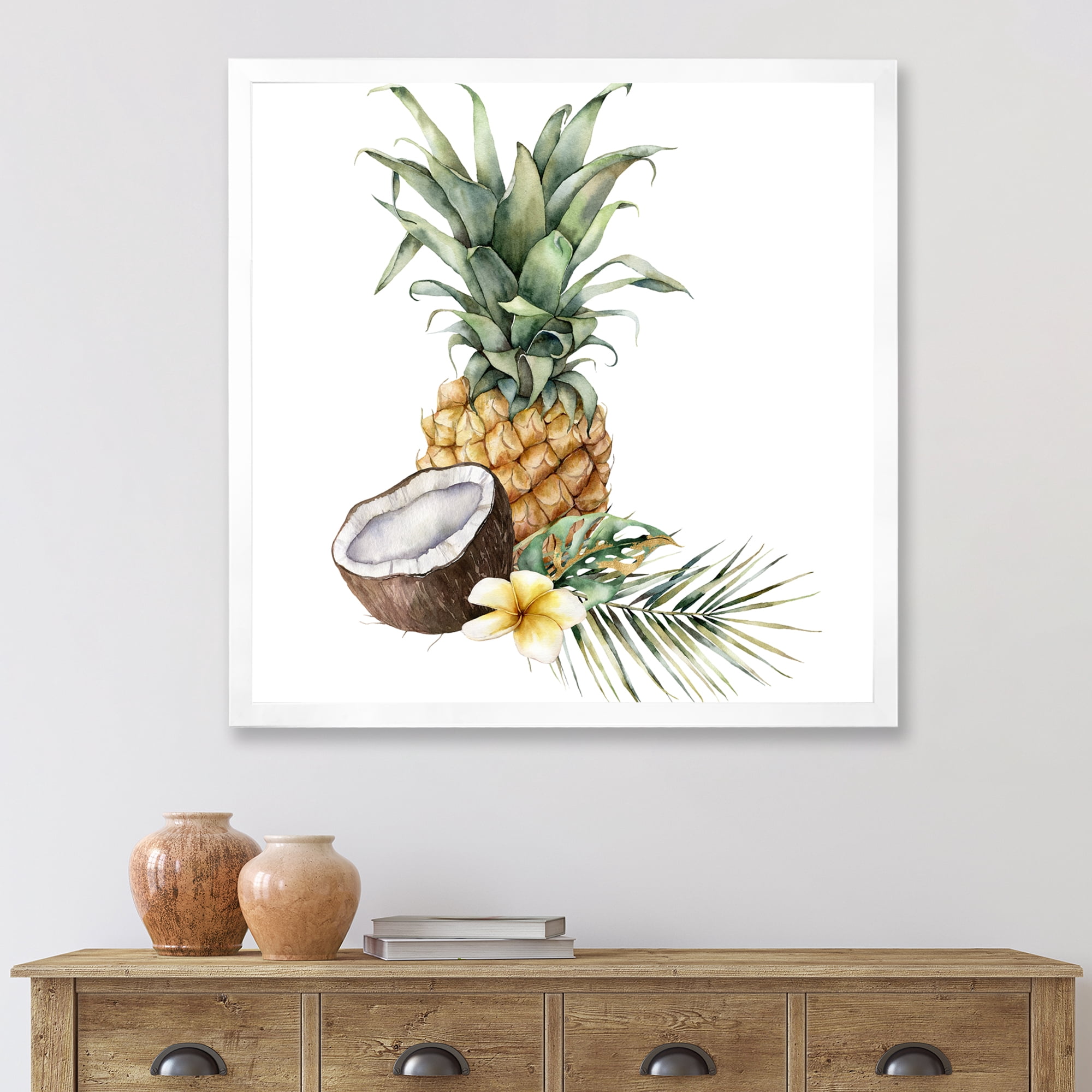 Designart 'Pineapple With Plumeria Coconut and Palm Leaves' Traditional Framed Art Print