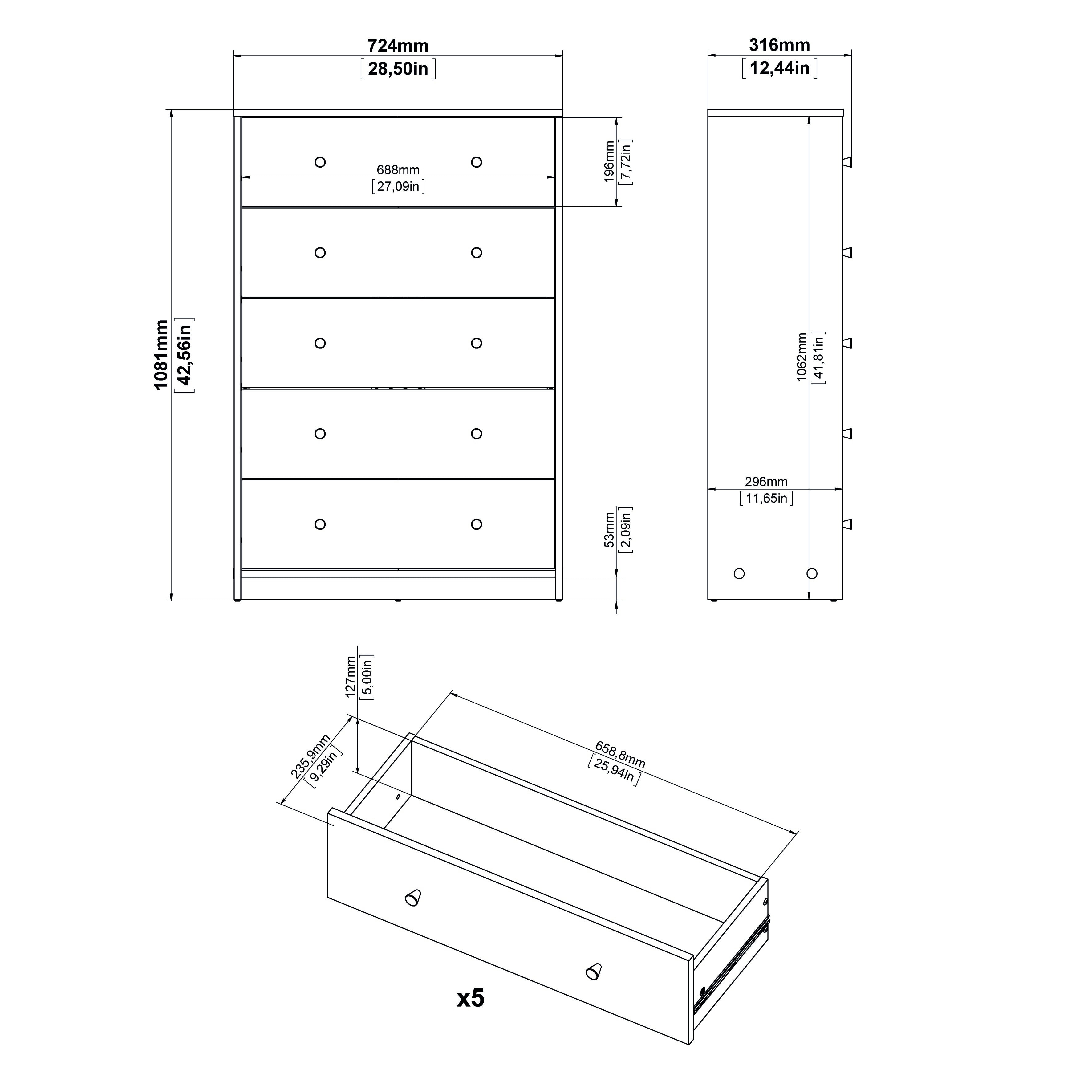 Tvilum Studio 5 Drawer Chest Dresser for Adults, Jackson Hickory