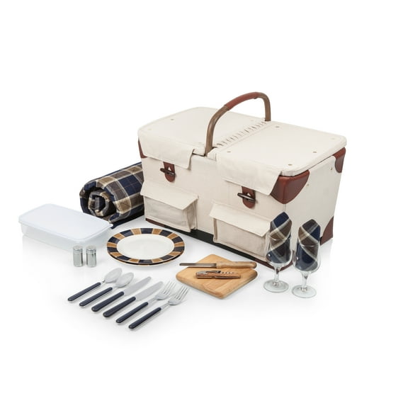 Picnic Time Pioneer Deluxe Picnic Basket with Picnic Blanket, Beige Canvas with Navy Blue & Brown