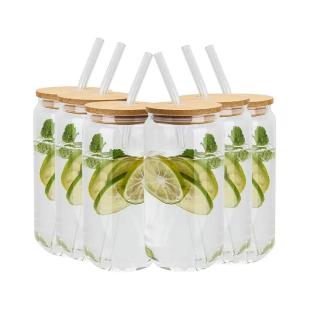 6 Vasos Vidrio Tipo Lata Tapa Bambu Drink Lab Popote 500ml Elegante Cocina Cristal Pitillo Pajilla Decoracion