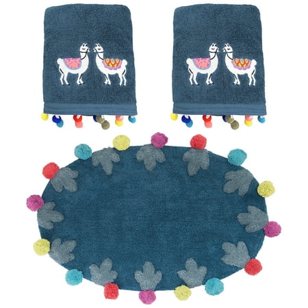 Llamas Animal 3-Piece Hand Towel & Rug Bath Set by Allure Home Creation, Navy Multi