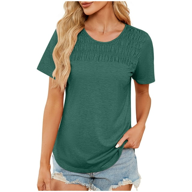 Timegard Hauts d'Été pour Femmes T-Shirts à Manches Courtes T-Shirt à Col Ras du Cou Smocké Tunique Décontractée à Porter avec des Leggings