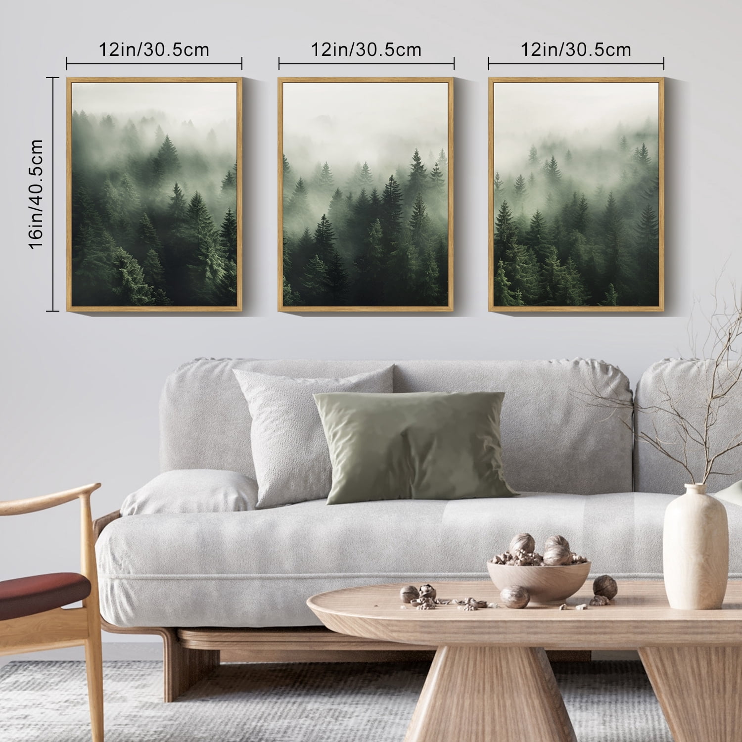 SHENIFY Canvas Print Wall Art Prints Framed Wood Fog & Mist Over Green Pine Tree Forest Nature Wilderness Modern Artwork For Living Room Bedroom - 12x16in3pcs Neutral Framed