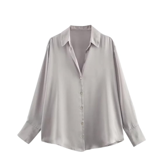 UYISJ Women's Elegant Satin Blouses Shirts Soft Silk Shirts Top Loose Fit Button Down Shirts Casual Office Long Sleeve Shirt Gray L