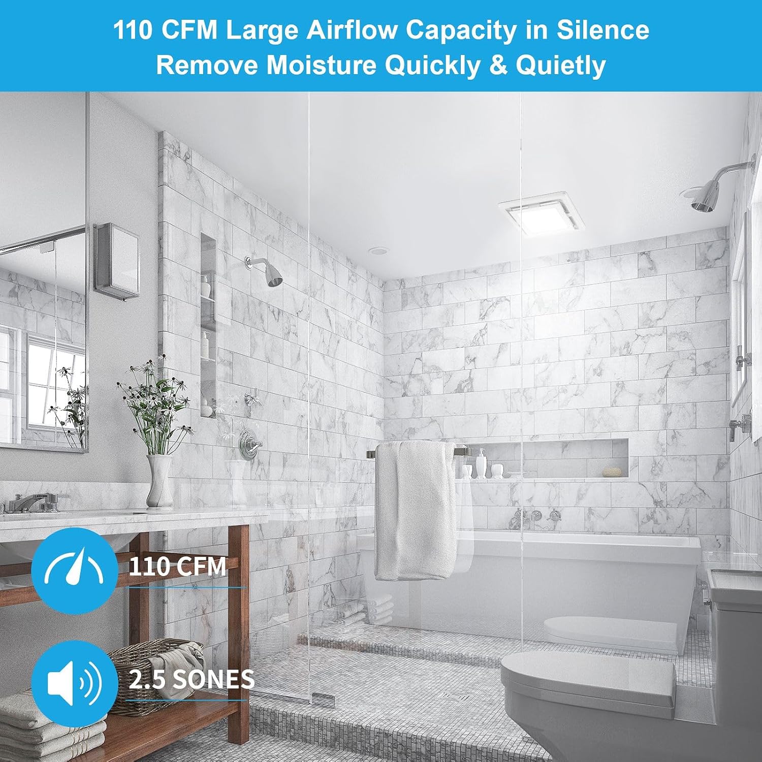 Bathroom Exhaust Fan with Light 110 CFM Quiet 6500K 800LM Household Ventilation Fan Light Combo, Energy Saving Ceiling Mount Bathroom Air extractor, Multipurpose Bath Extractor Easy to Install