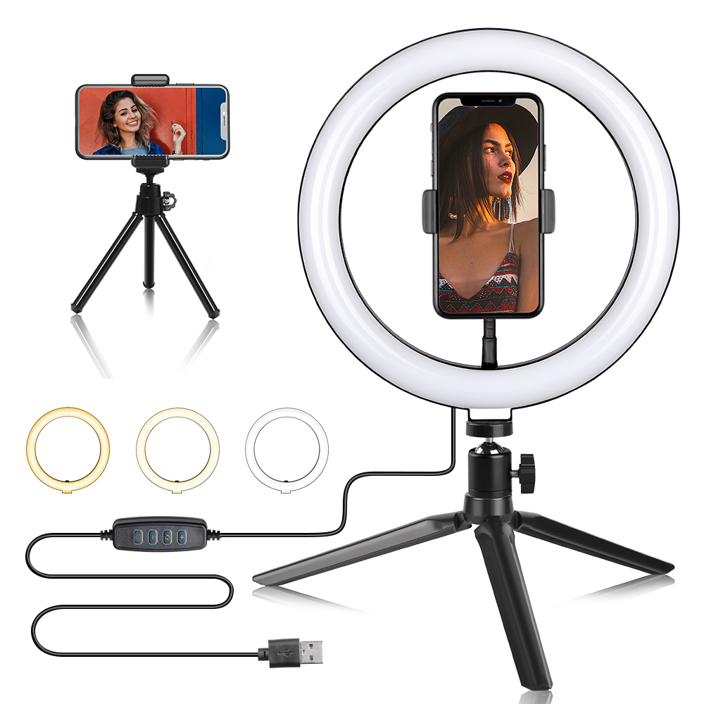 JUGTL 10 " Ring Light Camera Tripod Mini Camera Holder Slip Clip Set